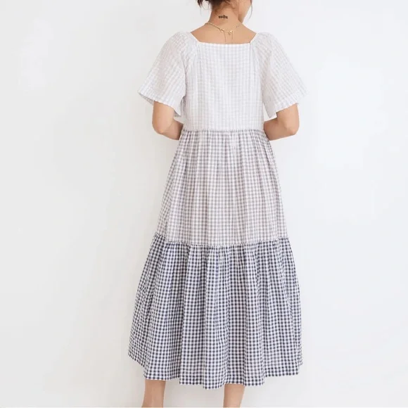 Madewell Patchwork Gingham Button-Front Tiered Midi Dress Size M - Picture 5 of 12